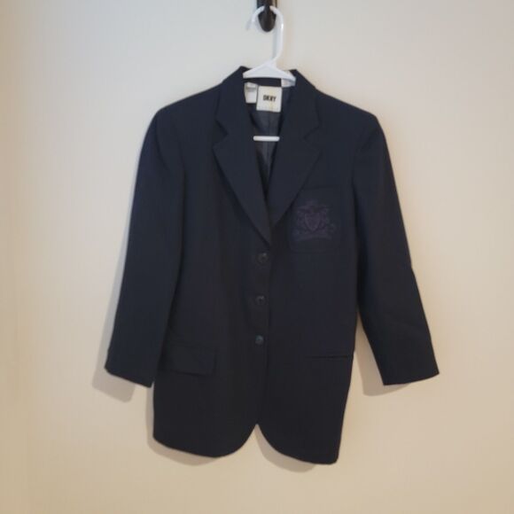 DKNY Womens Blazer Size 4 Navy Blue Wool Blend Classic Jacket Dark Academia - Picture 1 of 8
